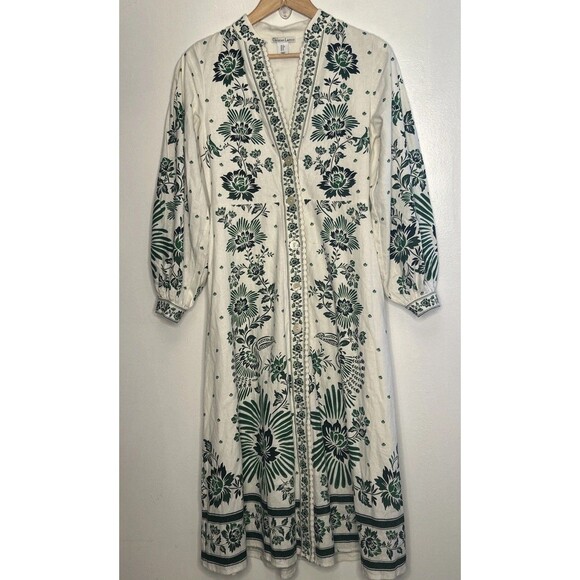 Christian Lacroix Dress Long Sleeve Linen Blend Resort Green White Floral Garden - Picture 2 of 6